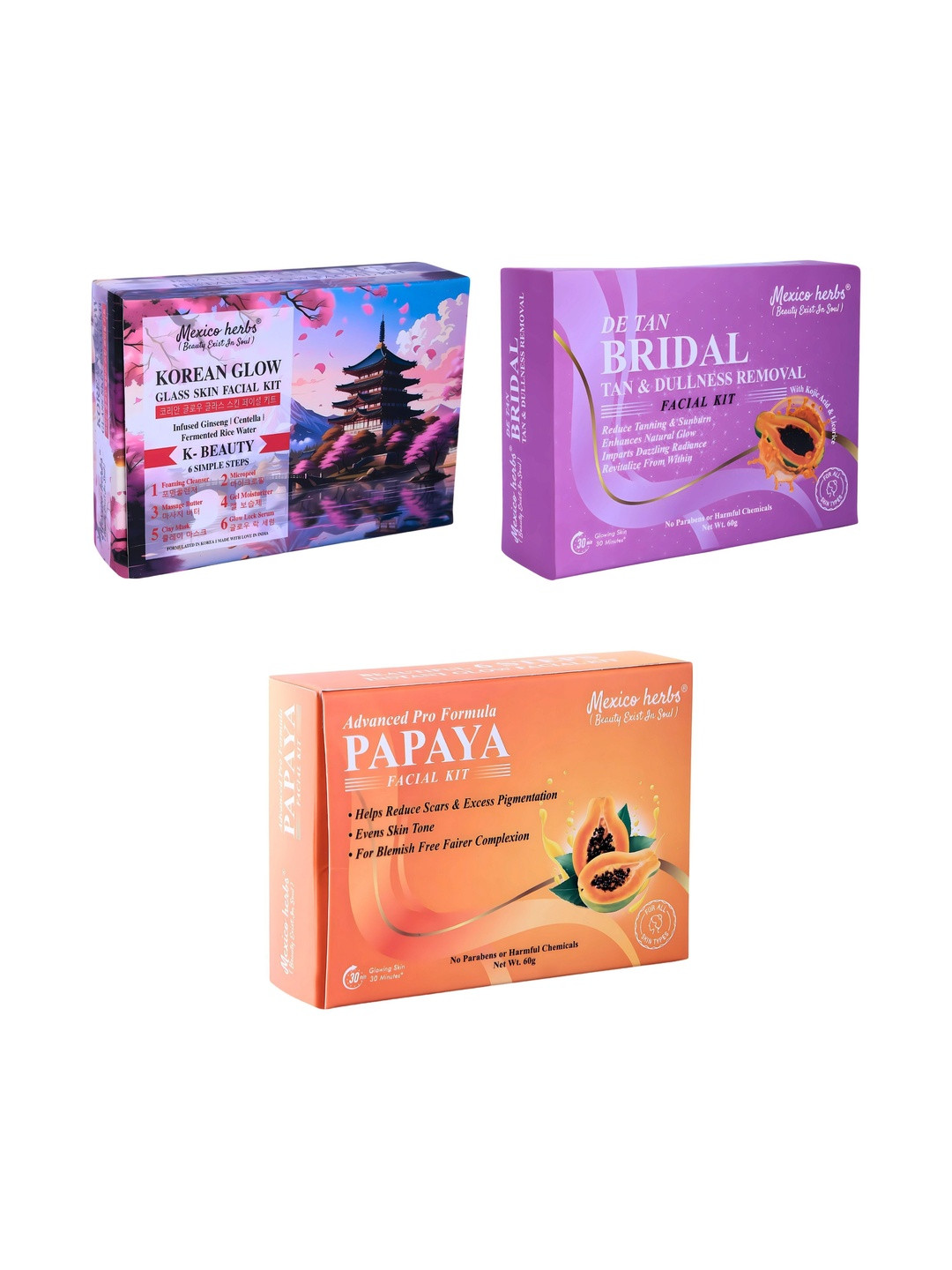 Mexico herbs Set Of 3 Korean Glow, De-Tan Bridal & Papaya Facial Kit - 10 g Each