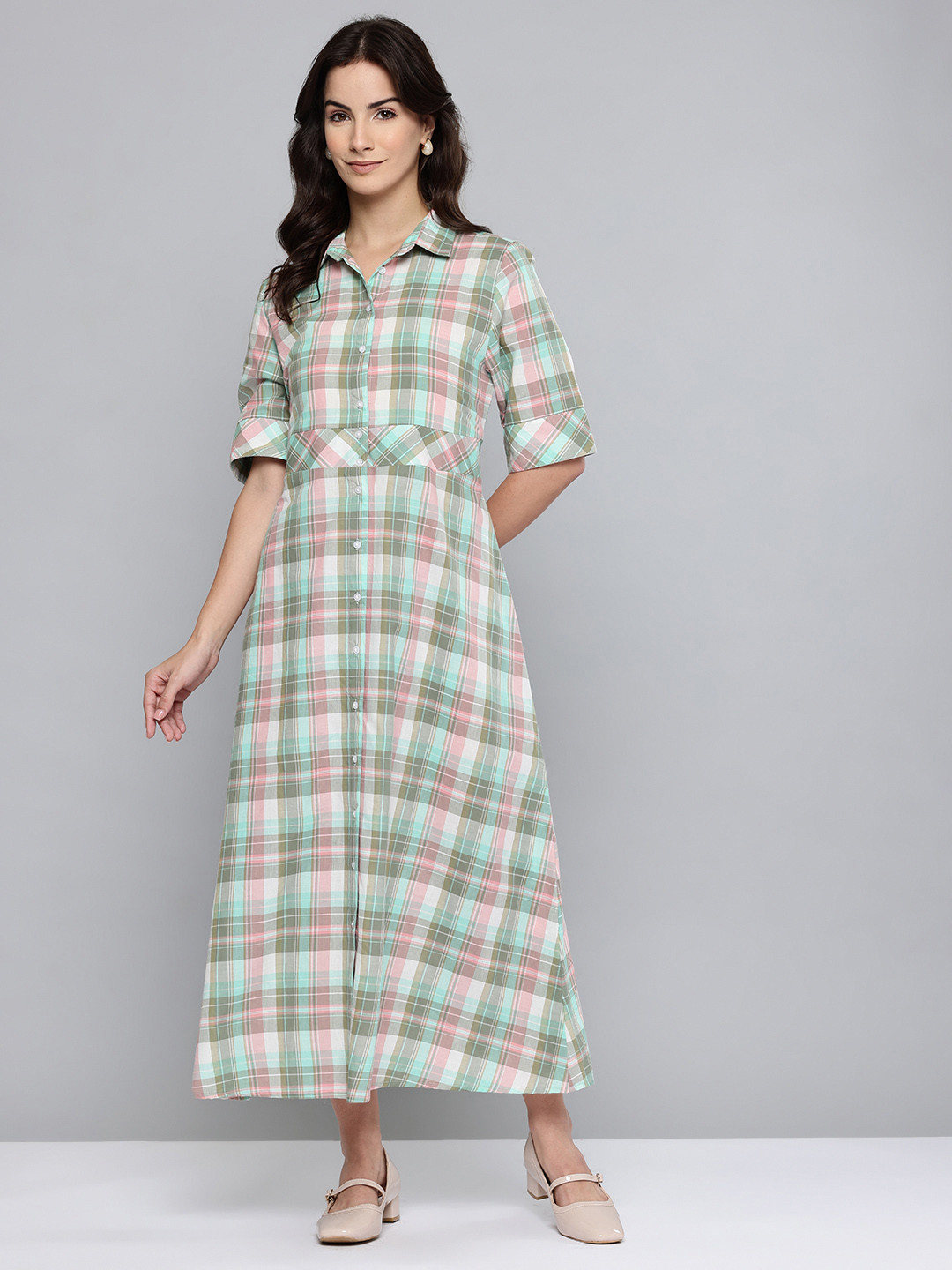 SCOUP Waist Tie-Up Checked Cotton Shirt Maxi Dress