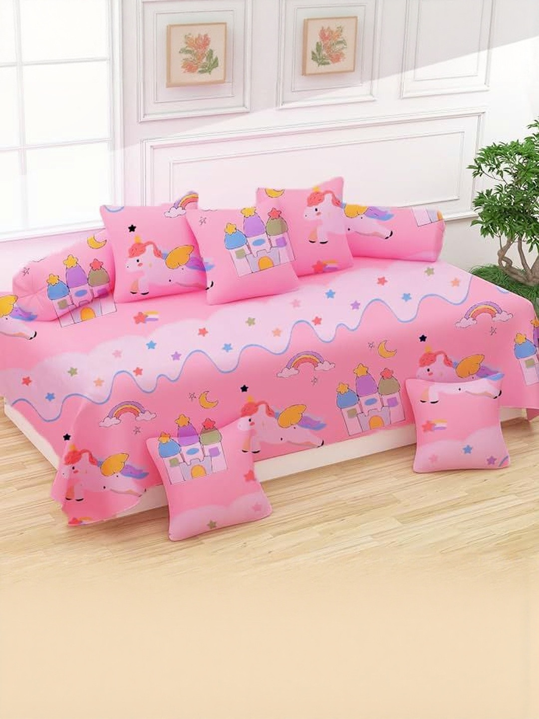Filymore Kids Set Of 8 Pink & White Cartoon Characters Printed Diwan Set