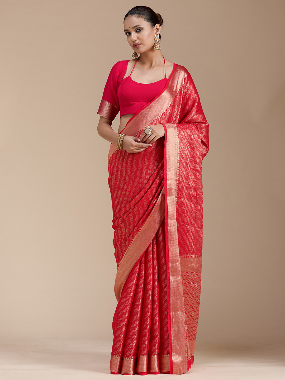 Koskii Women Zariwork Red Georgette Saree With Unstitched Blouse