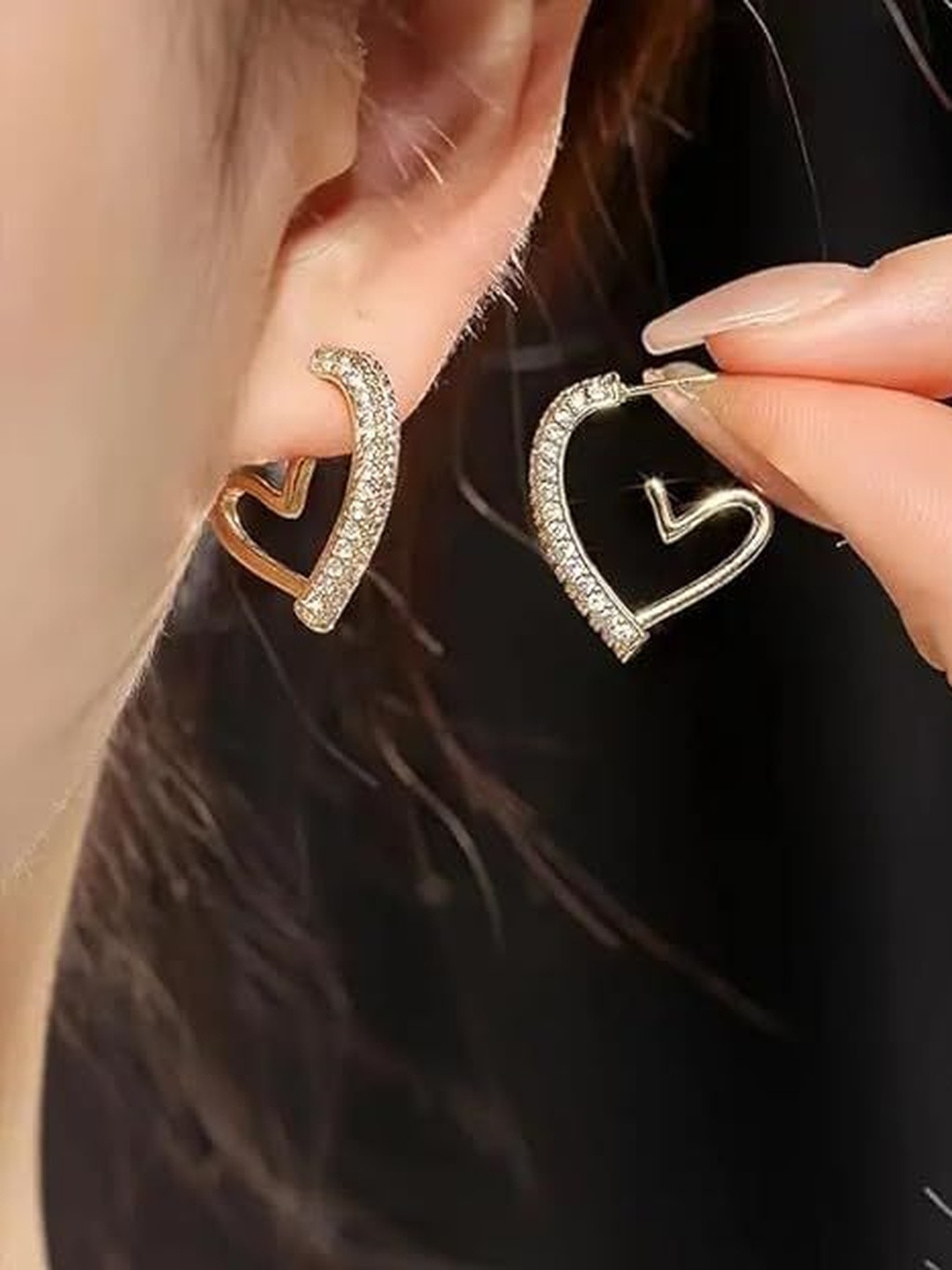 LIMINE JEWELS Stainless Steel Gold-Plated Stones Studded Heart Shaped Half Hoop Earrings