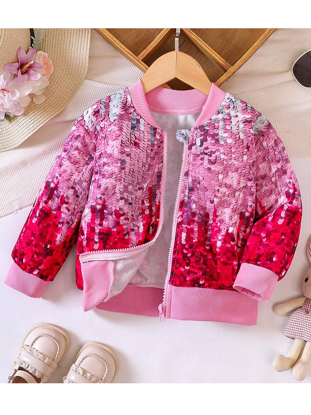 YK Girls Embellished Sequined Stand Collar Long Sleeves Bomber Jacket