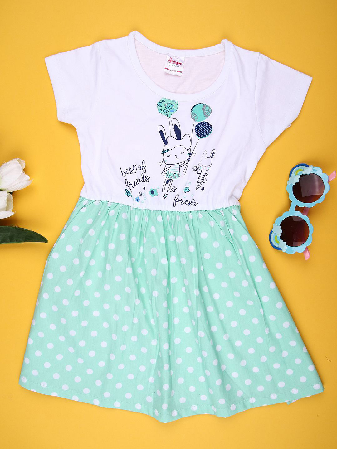 V-Mart Girls Round Neck Graphic Print Cotton Fit & Flare Dress