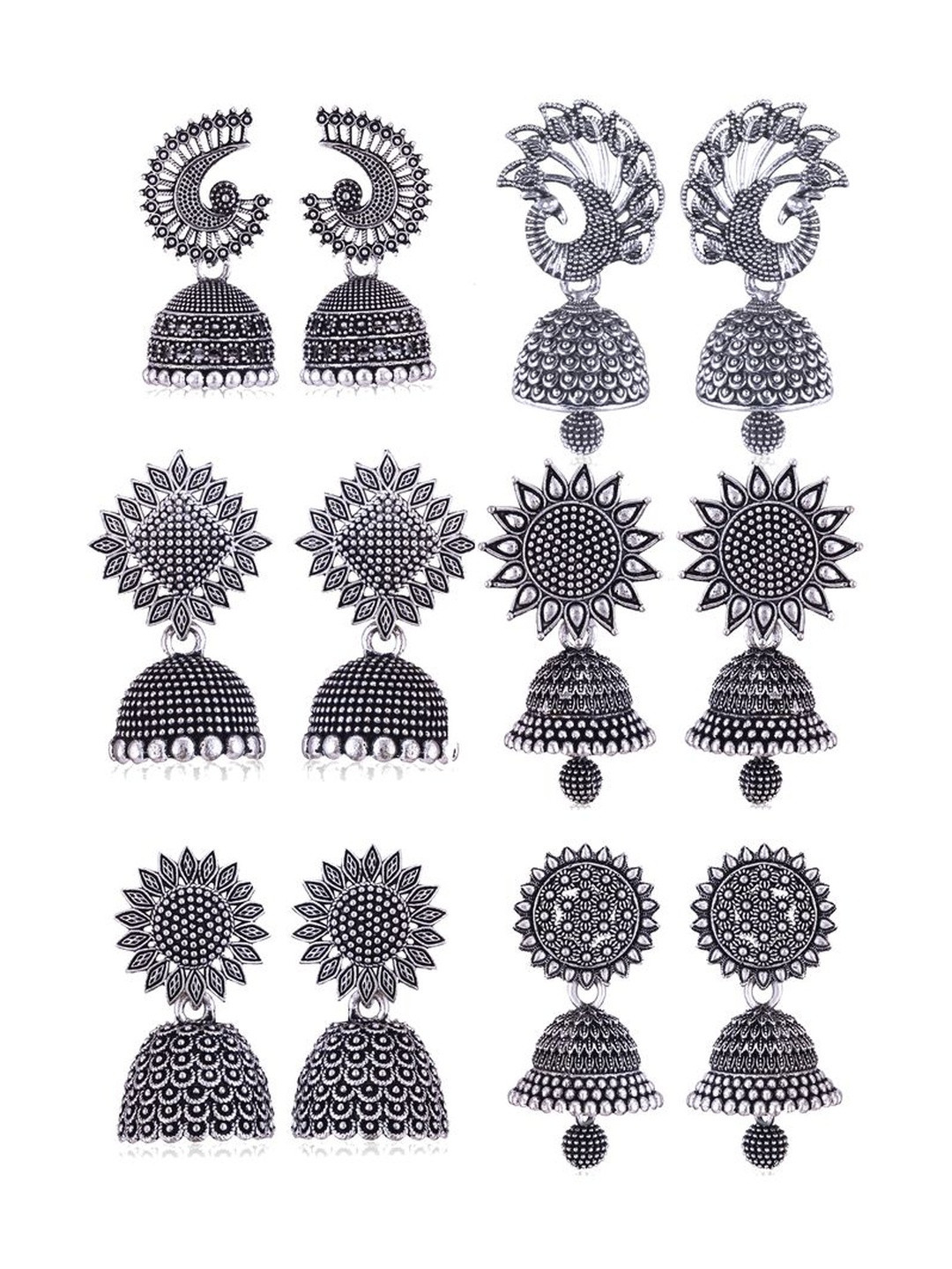 DIVASTRI Set Of 6 Silver Plated Pearls Beaded Oxidized Dome Shaped Jumkas