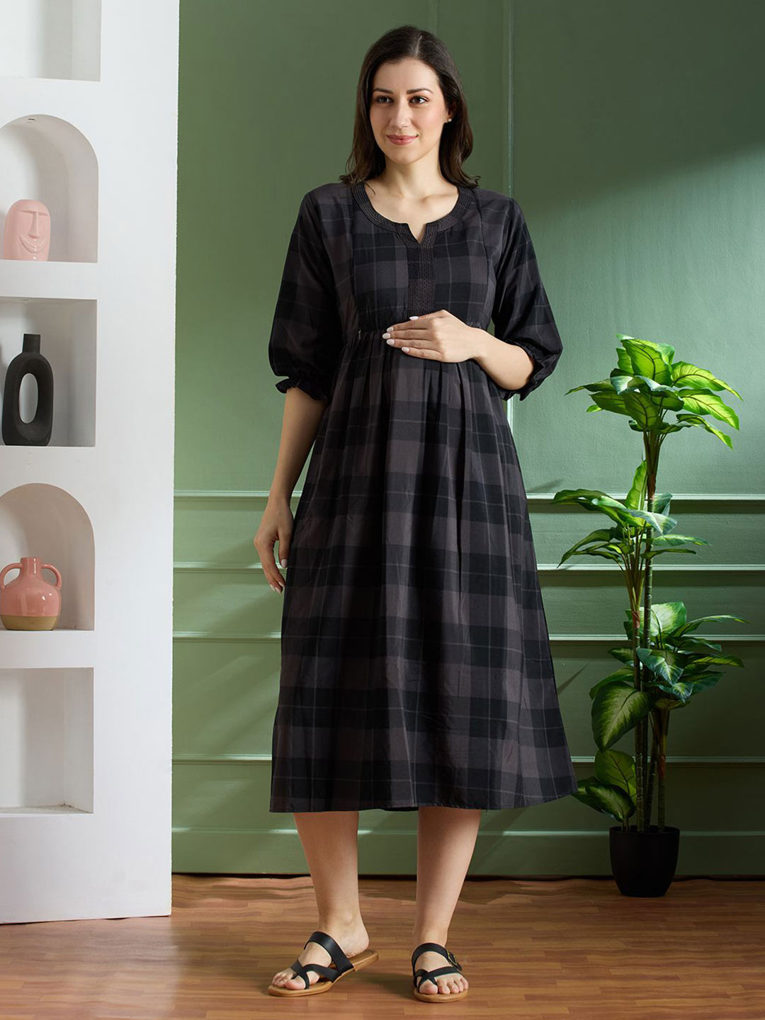 NIGHTSPREE Checked Puff Sleeve Maternity A-Line Dress