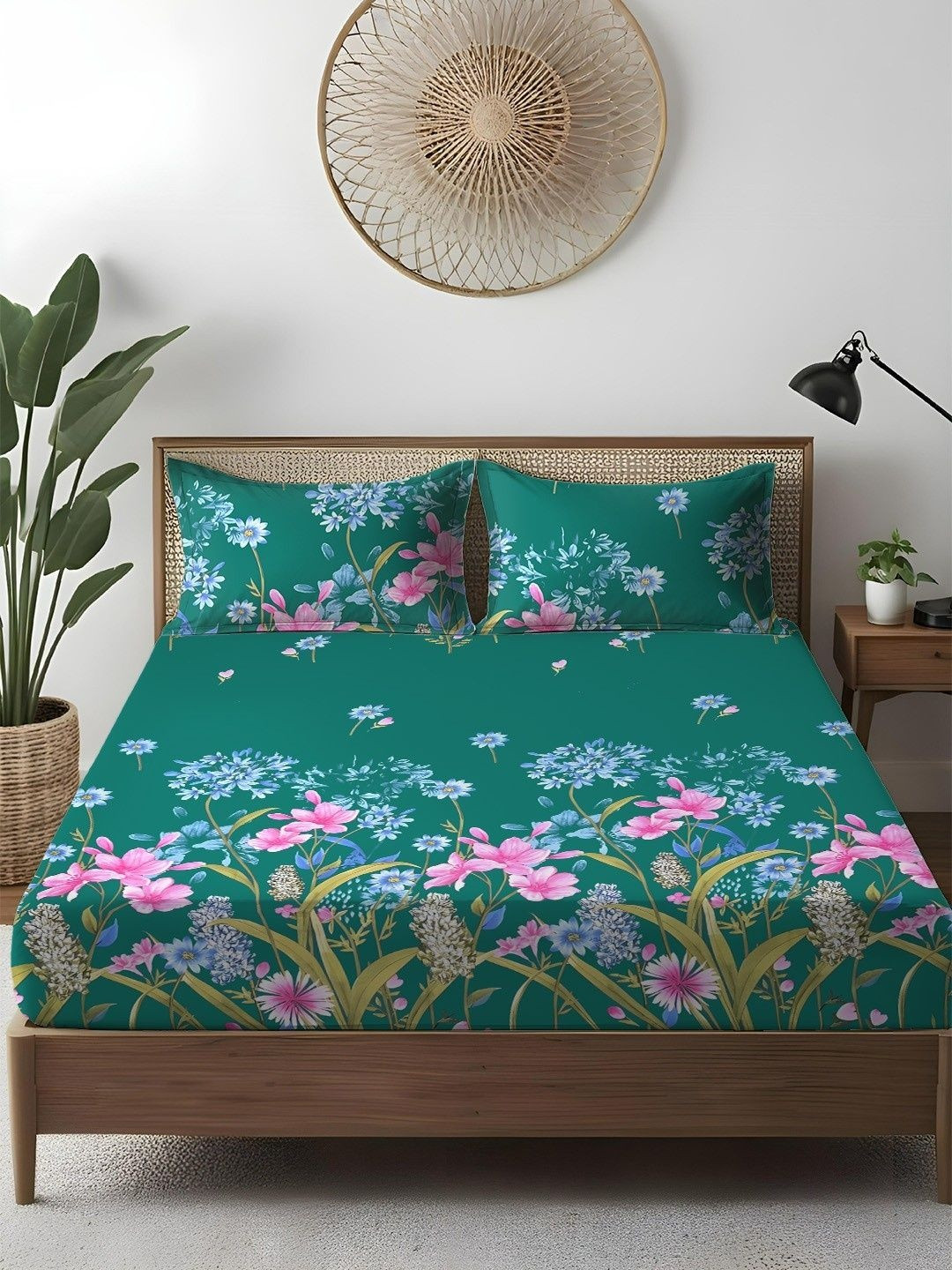 WEAVE AND DECOR Green & Pink Floral 300 TC Queen Bedsheet with 2 Pillow Covers