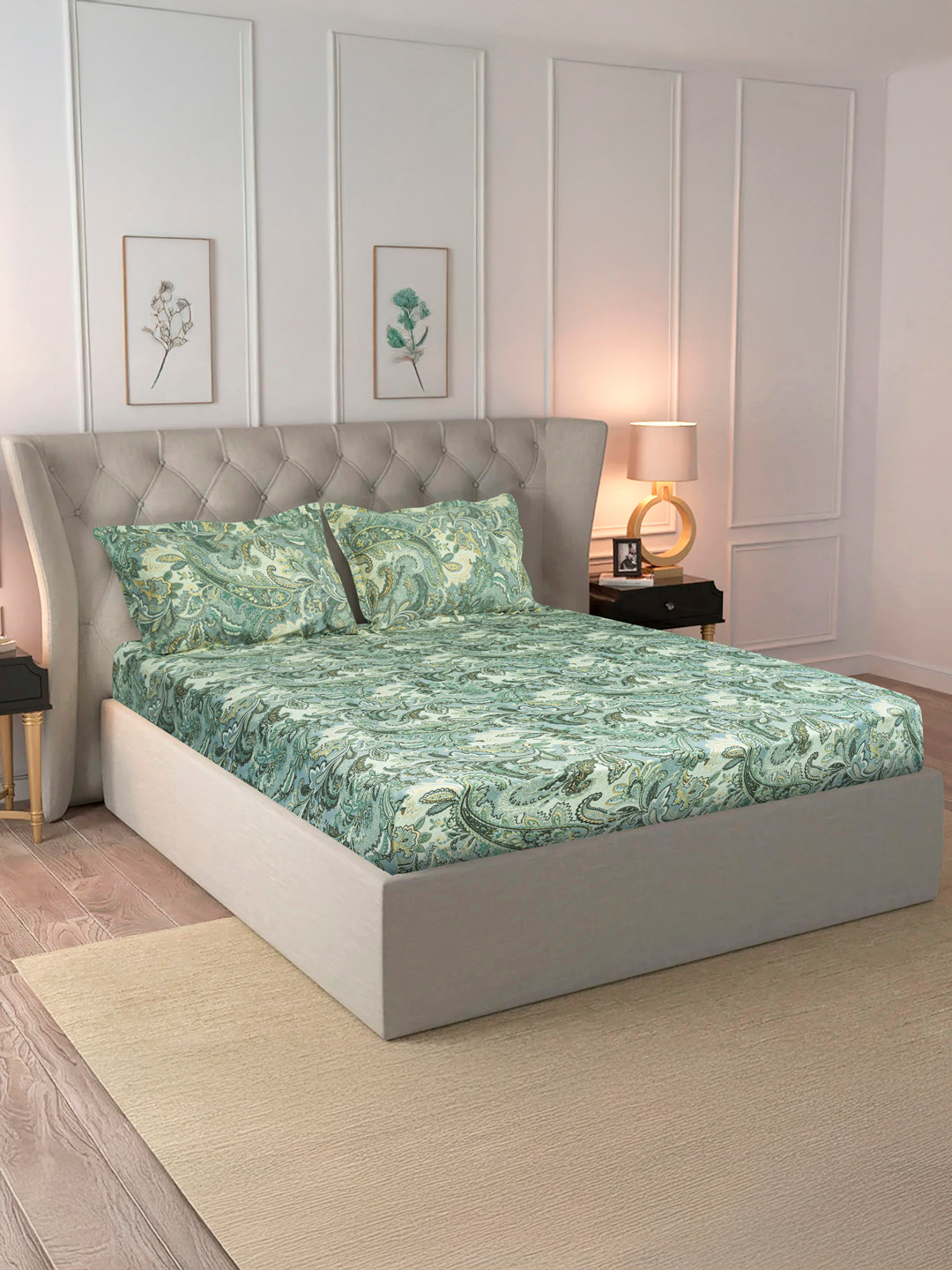 MAXNAP Sleep Support White Printed 144 TC Microfiber Queen Bedsheet Set 2.20 m x 2.40 m