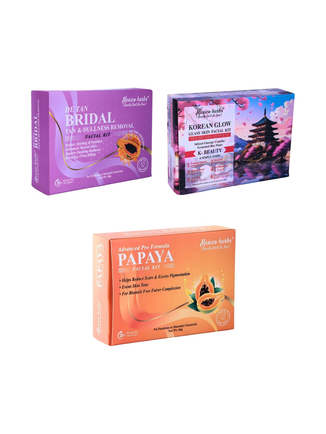 Mexico herbs Set Of 3 Bridal Papaya & Korean Facial Kit For Anti Ageing - 60 g Each