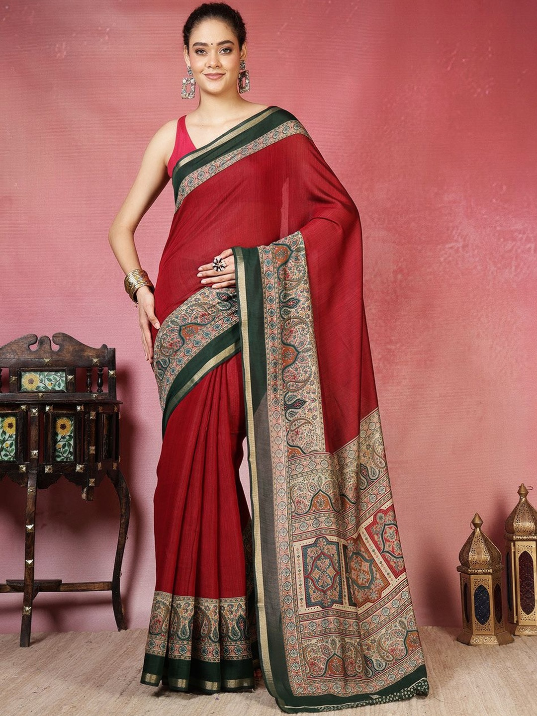 Meena Bazaar Solid Ethnic Motifs Art Silk Saree