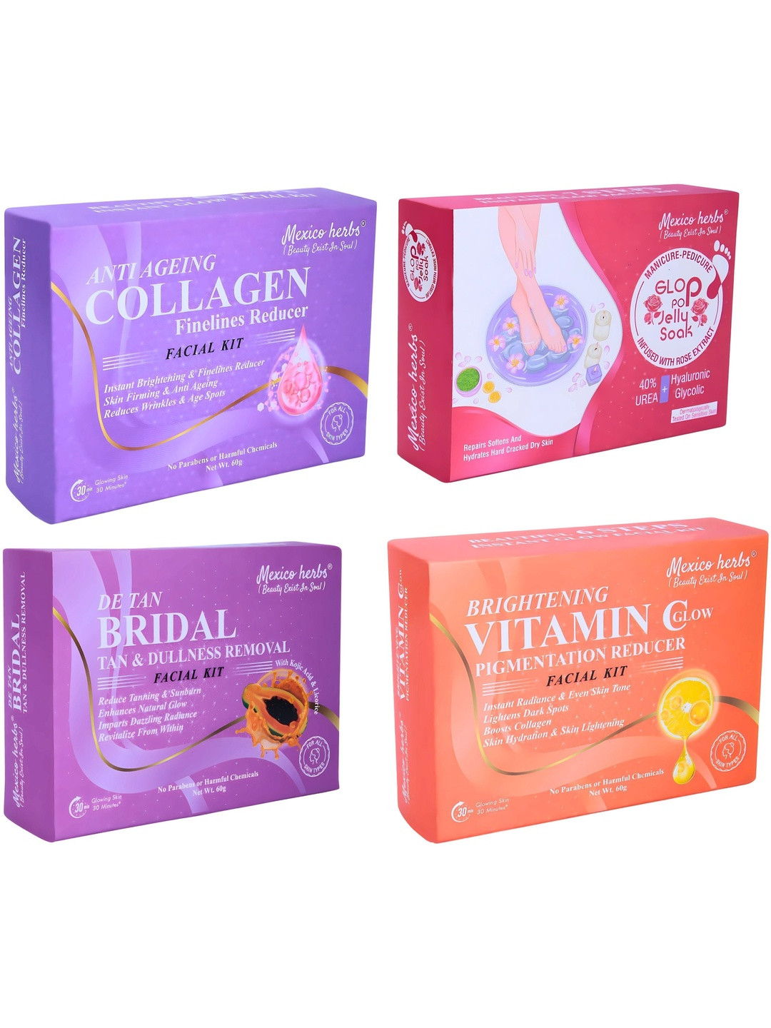 Mexico herbs Set Of 4 Collagen, Bridal, Glop Pop & Vitamin C Facial Kit - 10 g Each