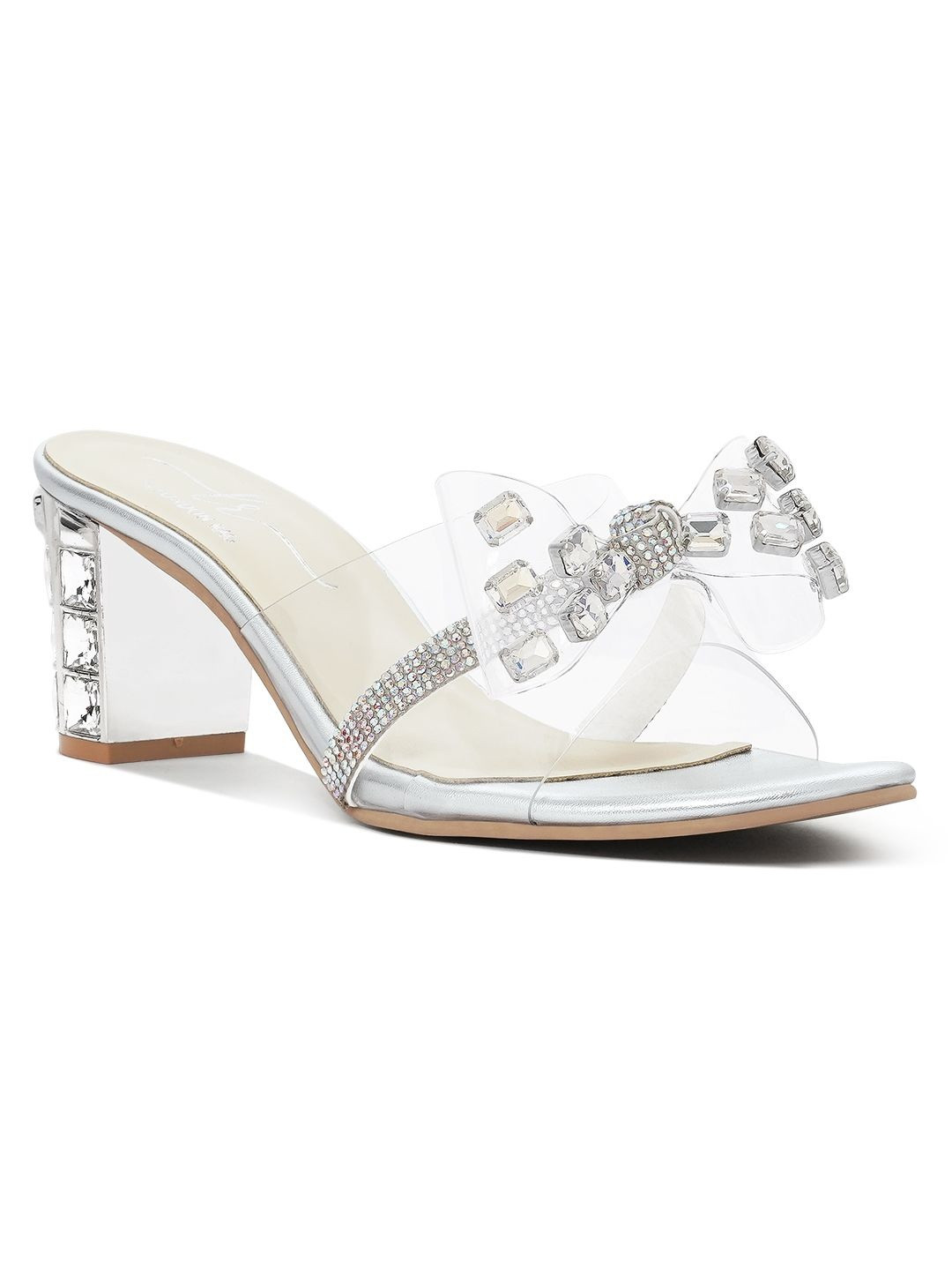 London Rag Women Clear Diamante Embellished Block Heel Sandals