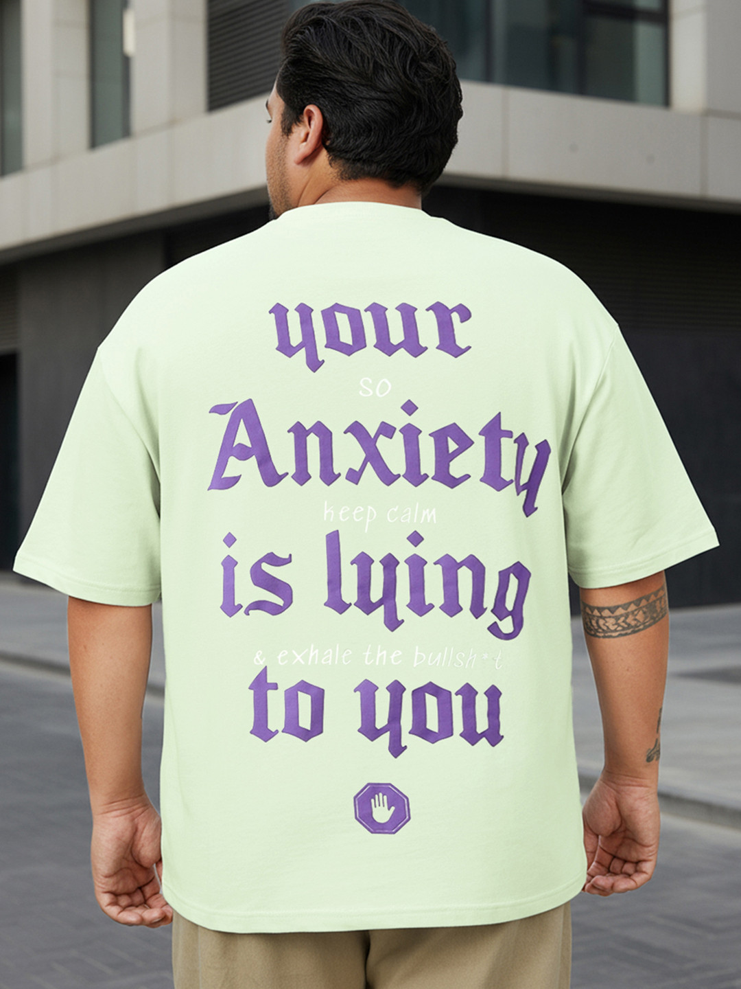 Bewakoof Plus Men's Fog Green Anxiety Graphic Printed Oversized Plus Size T-shirt