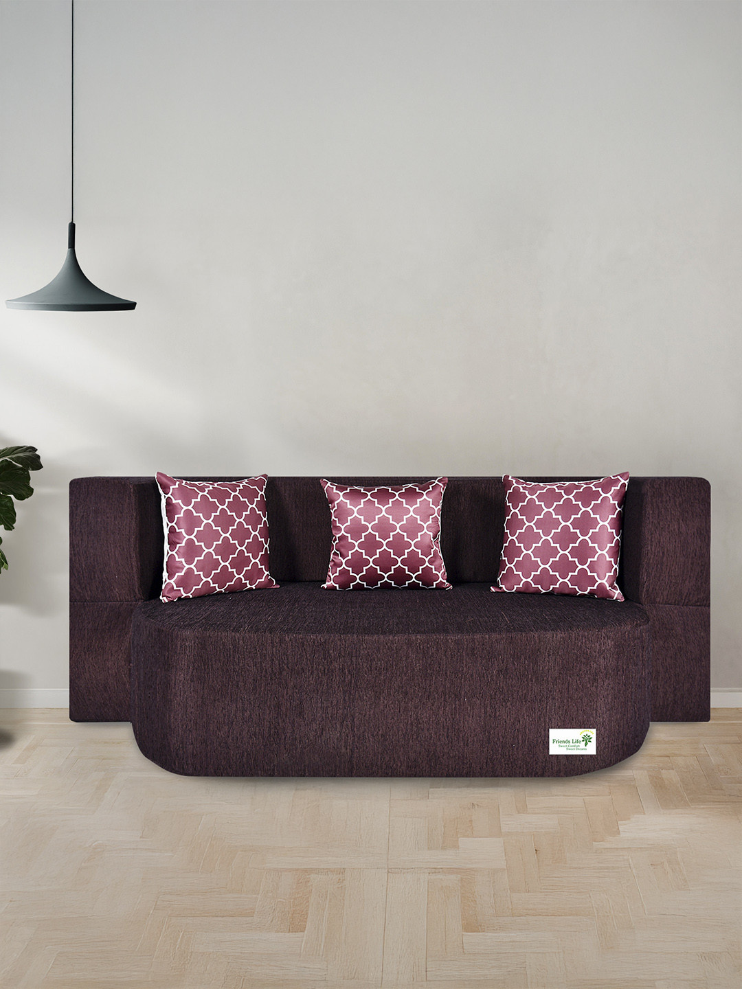 FRIENDS LIFE Brown & Maroon 2 Seater Fold Out Sofa Cum Bed With Pillows