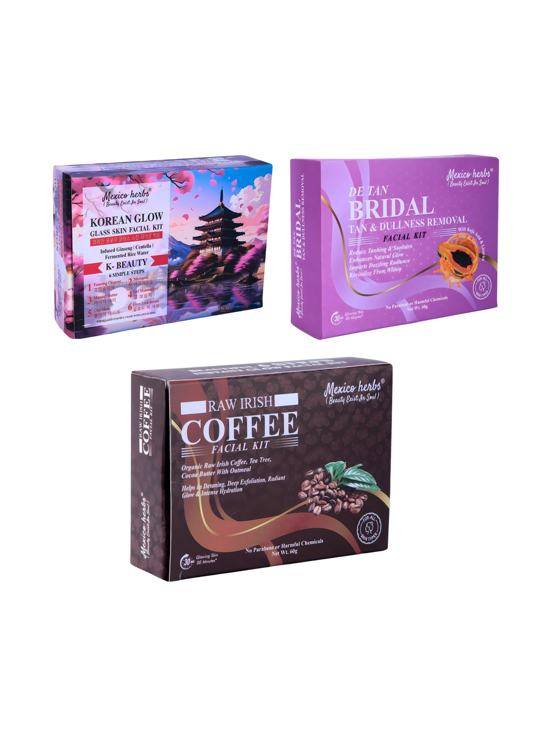 Mexico herbs Set Of 3 Korean Collagen & Coffee Facial Kit - 60 g Each