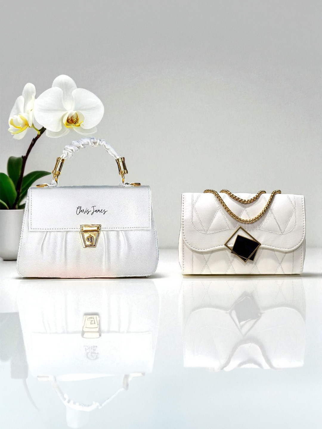 CLARIS JAMES Set Of 2 Brand Logo Printed Two Handles Handheld Bags