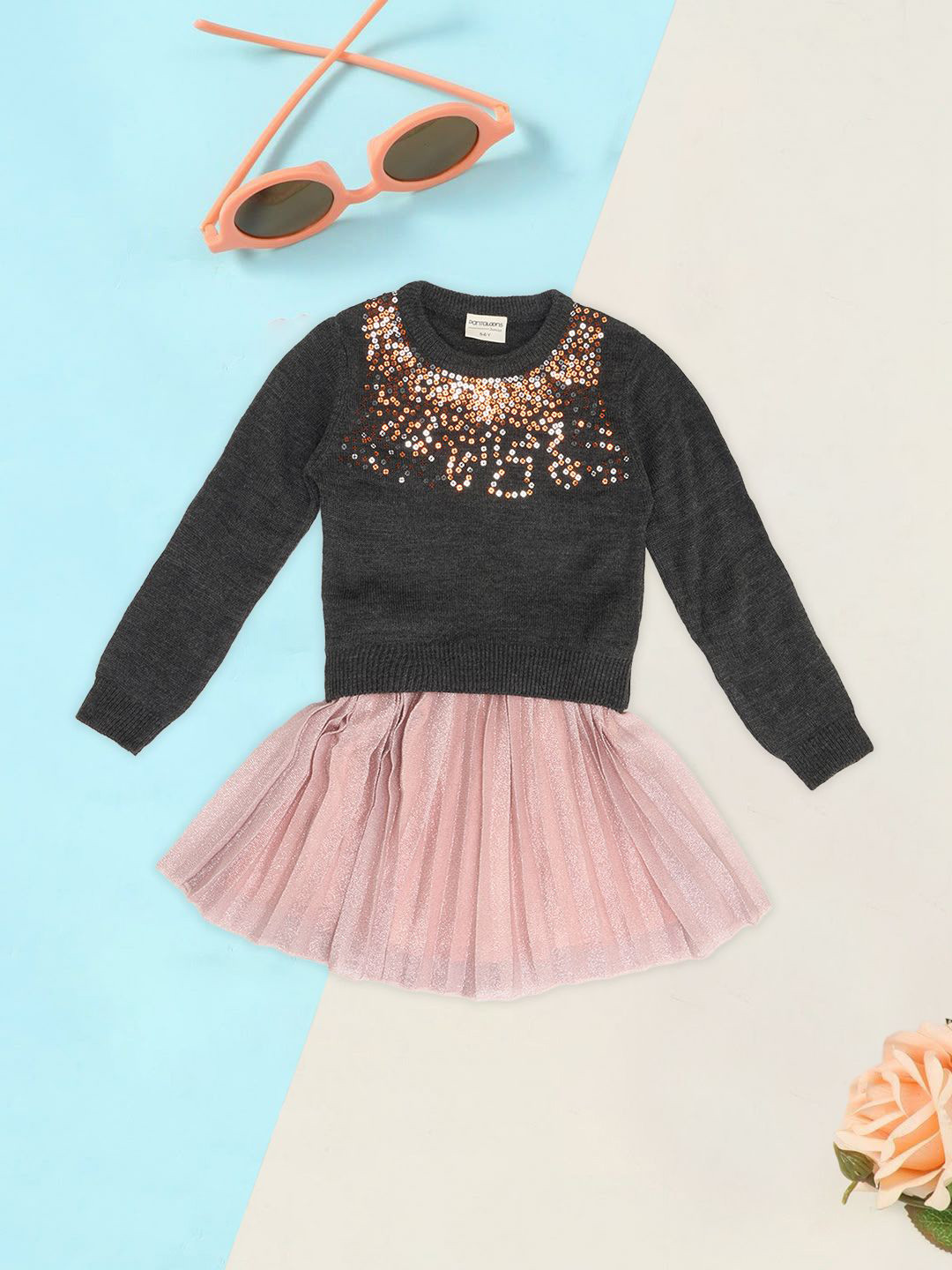 Pantaloons Junior Girls Sequence Embellished Round Neck Pullover Sweater