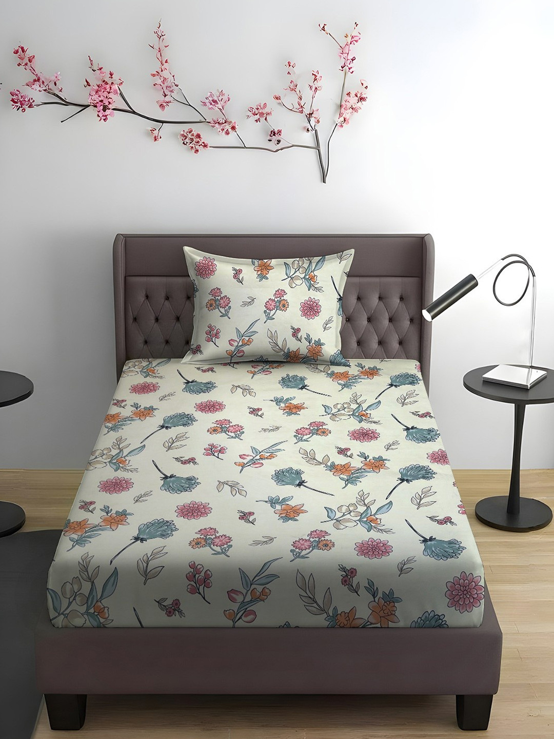 WEAVE AND DECOR White Floral Microfiber 300TC Fitted Single Bedsheet Set-1.93 m x 91.44 cm