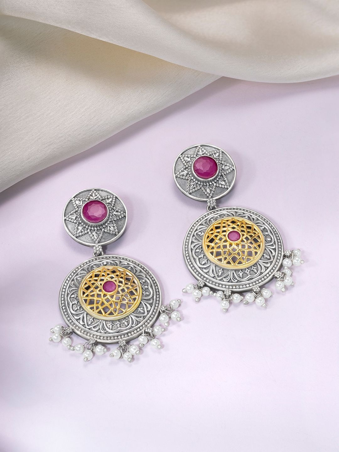 Peora Silver Plated Faux Ruby Studded & Pearls Beaded Circular Shaped Drop Earrings