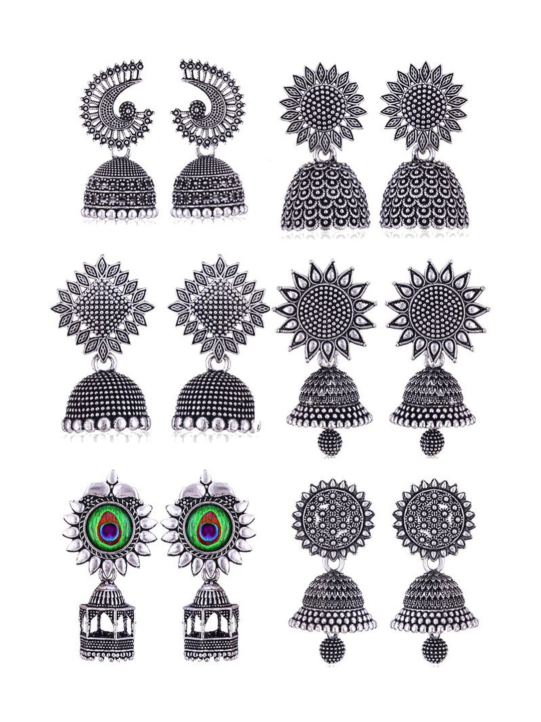 DIVASTRI Set Of 6 Silver Plated Pearls Beaded Oxidized Dome Shaped Jumkas