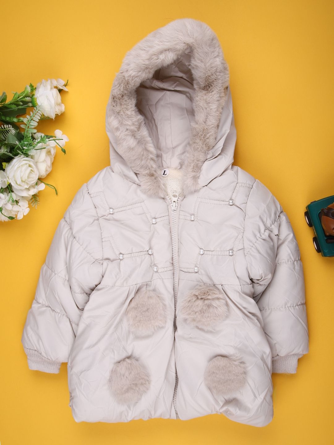 V-Mart Girls Butter Ns Hooded Neck Faux Fur Trim Long Sleeves Puffer Jacket