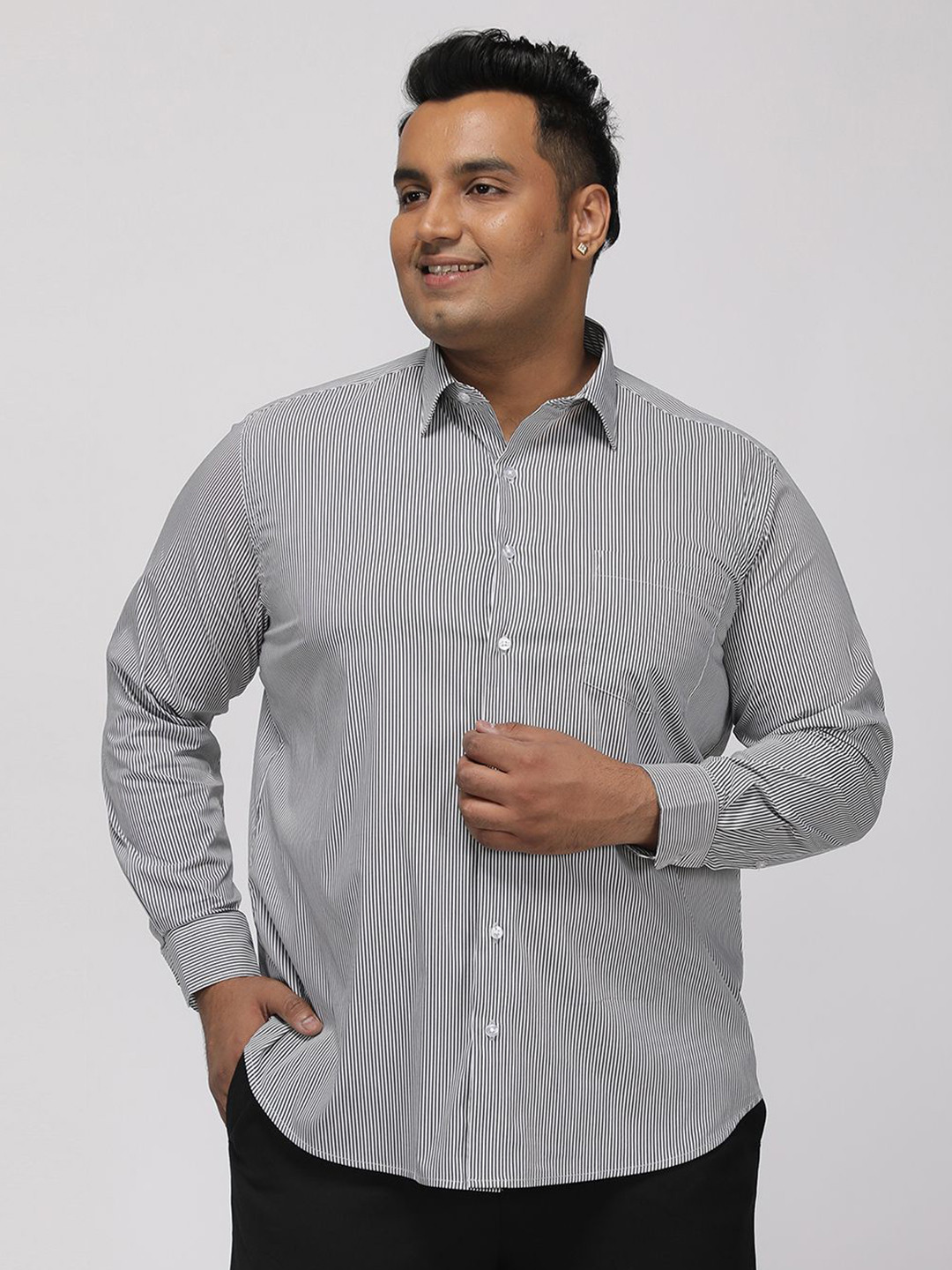 Big Hello - The Plus Life Plus Size Vertical Striped Long Sleeves Cotton Shirt