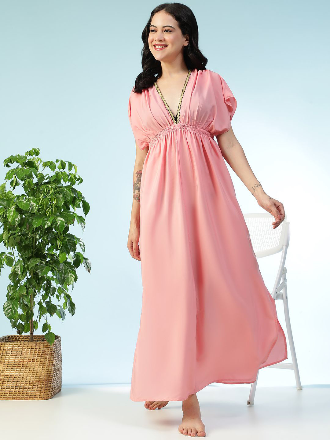 Oxolloxo Women V-Neck Elasticated Side Slits Beachwear Dress