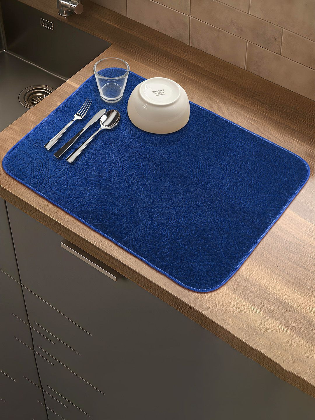 Kuber Industries Blue Self-Designed Water Absorbent Anti-Skid Dish Drying Kitchen Mat