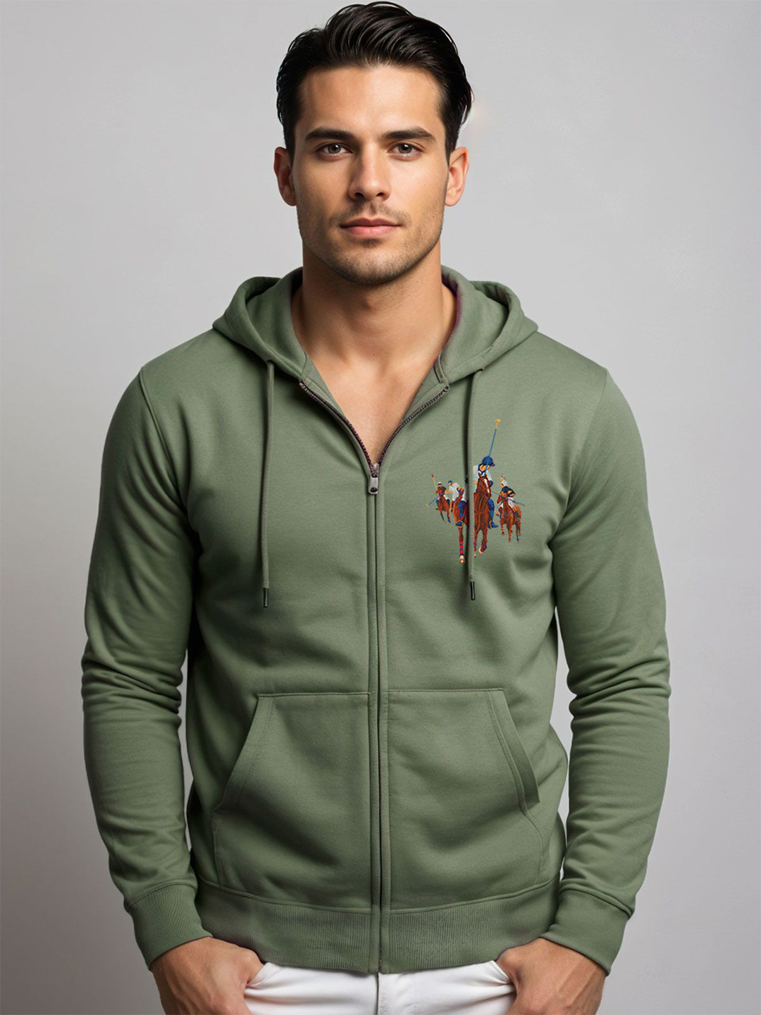 ADRO Men Graphic Printed Long Sleeves Cotton Hooded Front-Open Zip-Up Sweatshirt