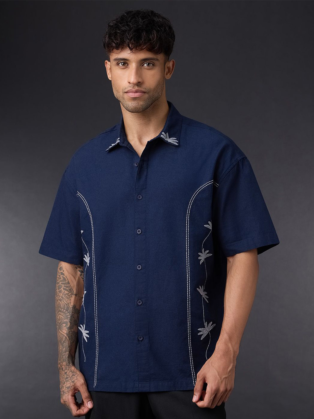 The Souled Store Midnight Petal Men Floral Embroidered Casual Cotton Linen Shirt