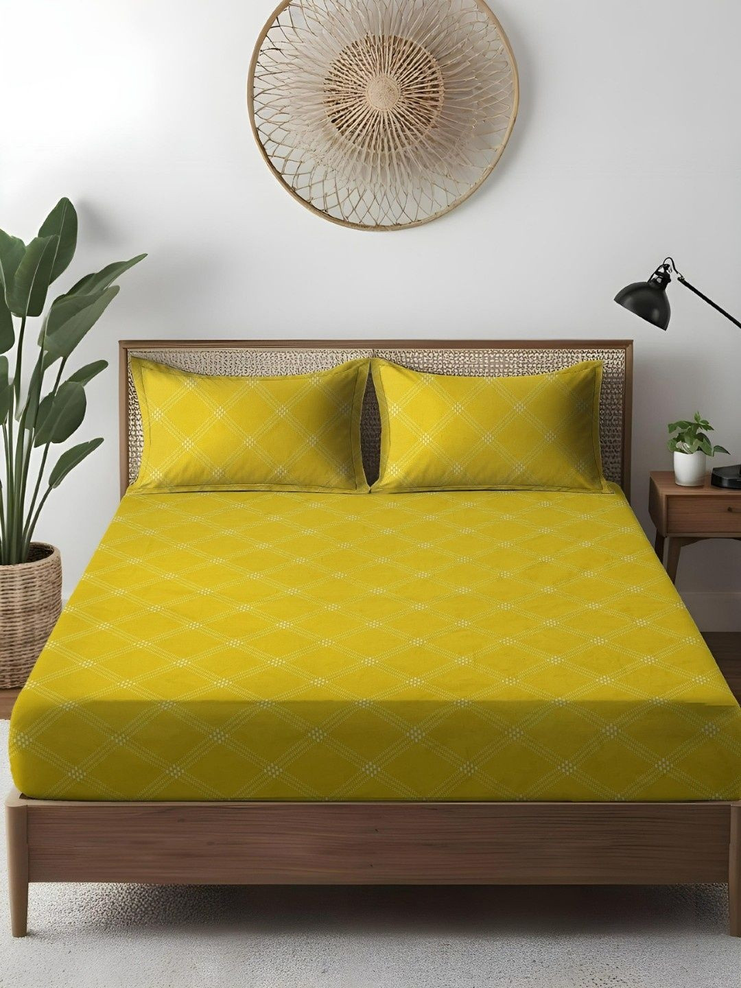WEAVE AND DECOR Yellow 300 TC Bedsheet with 2 Pillow Covers