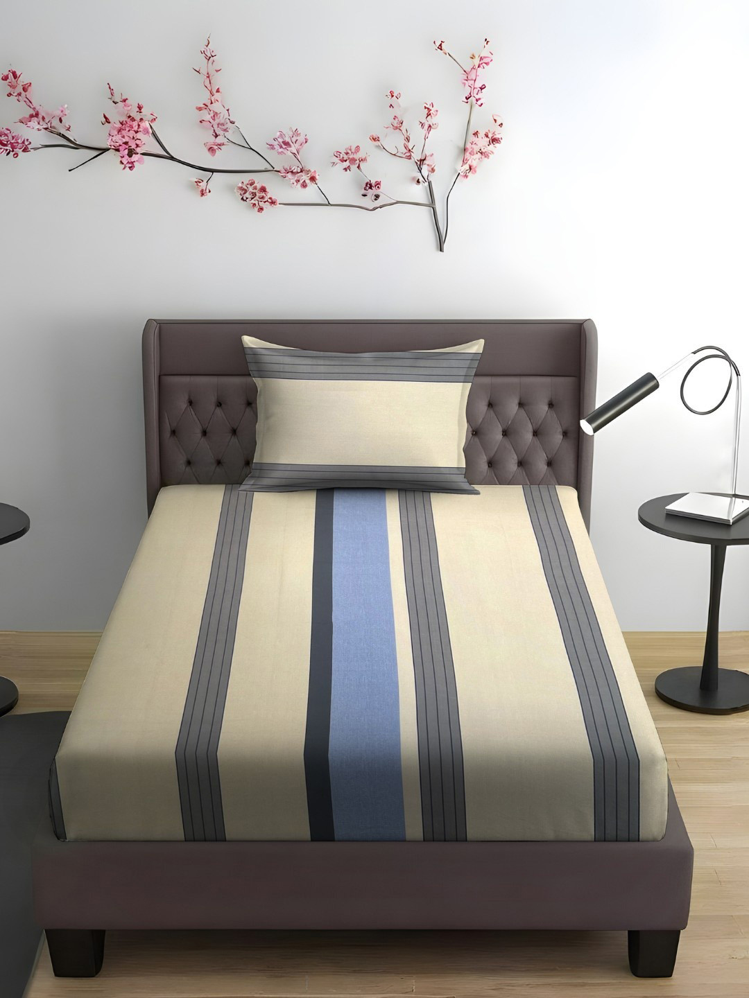 WEAVE AND DECOR White & Blue Striped Pure Cotton 300 TC Single Bedsheet Set 1.52 x 2.28 m