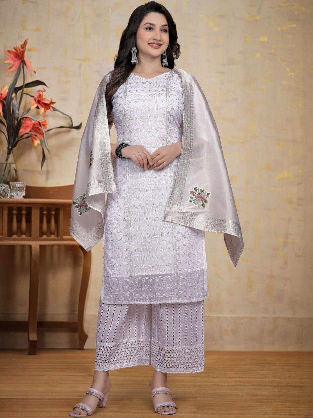 SWORNY FASHION Ethnic Motifs Embroidered Thread Work Kurta With Palazzos & Dupatta