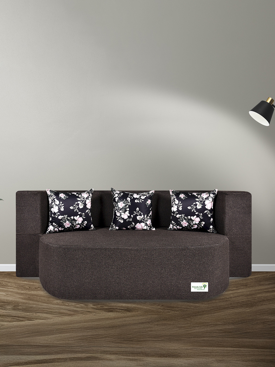 FRIENDS LIFE Brown & Black 2 Seater Fold Out Sofa Cum Bed with 3 Pillows