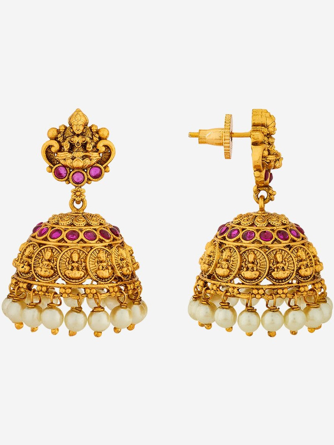 Kushal's Fashion Jewellery Gold-Plated Ruby Dome Shaped Jhumkas Earrings