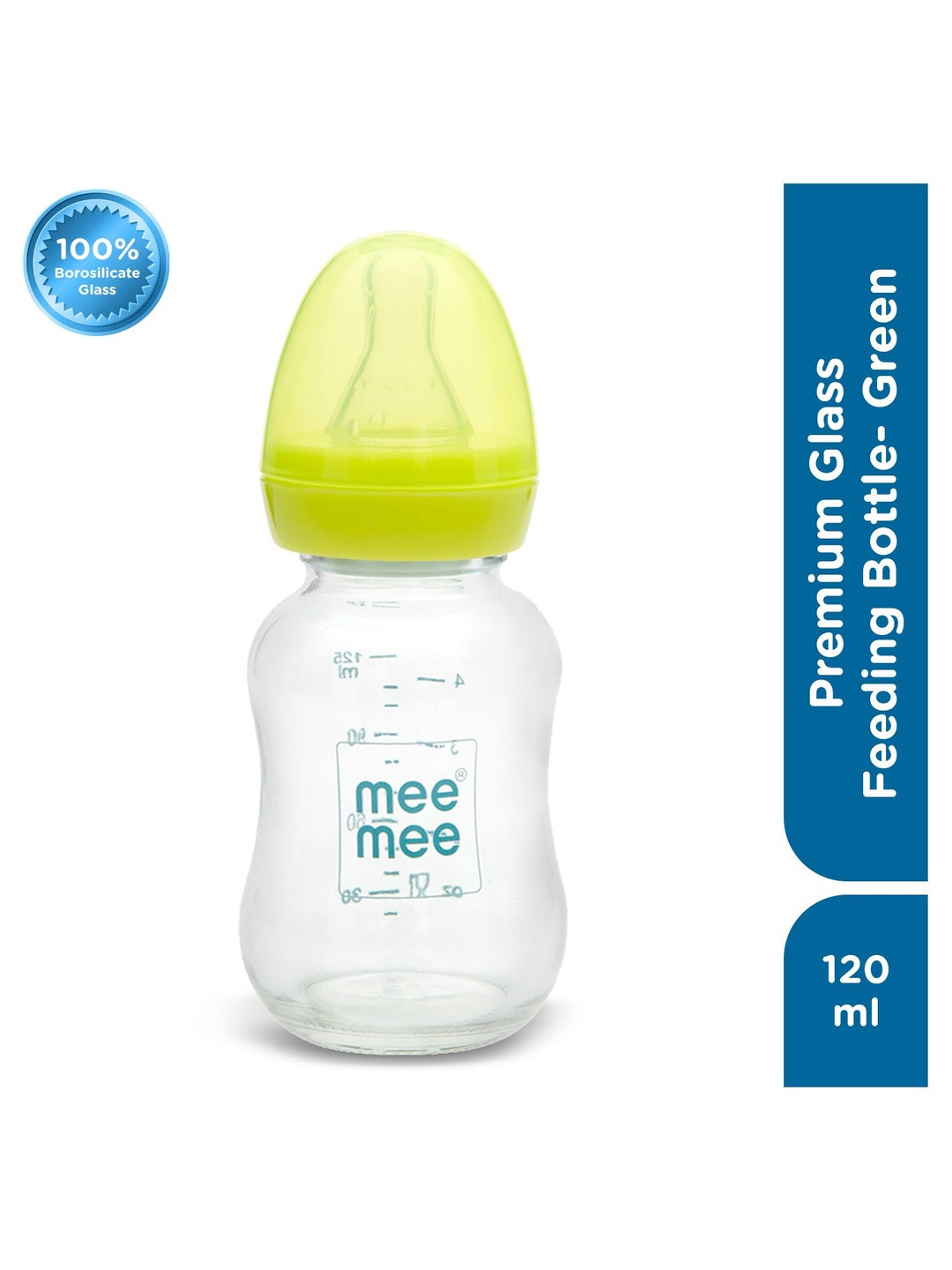 MeeMee Kids Green & Transparent Printed Anti-Colic Glass Feeding Bottle - 120ml