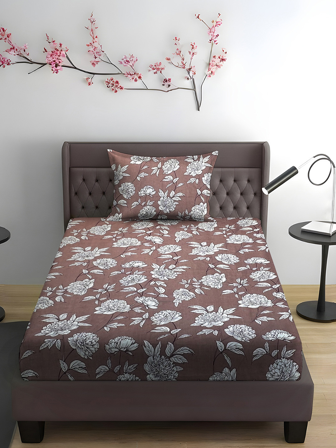 WEAVE AND DECOR Brown Floral Microfiber 300TC Fitted Single Bedsheet Set-1.93 m x 91.44 cm