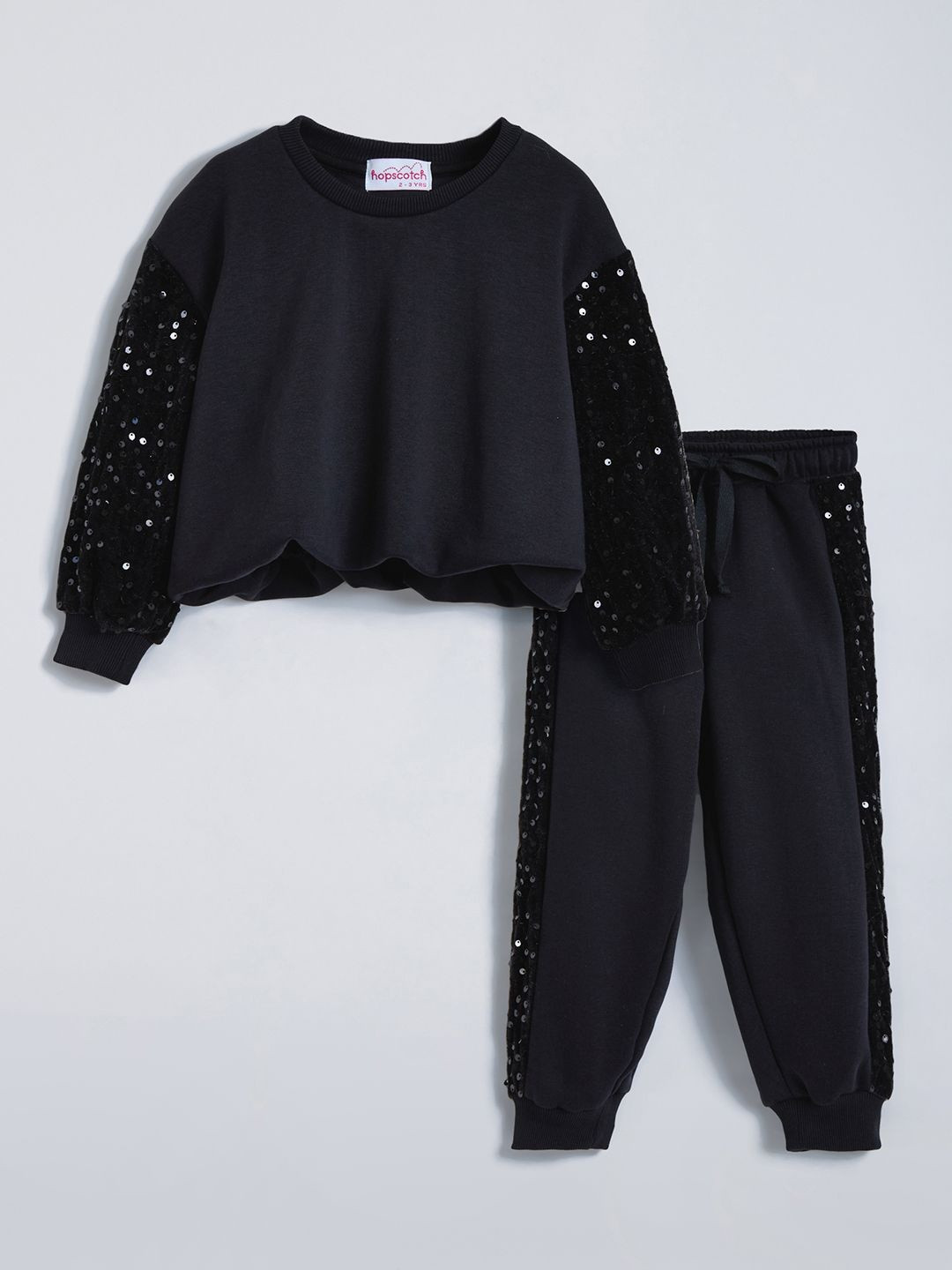 Hopscotch Girls Embellished Sequin Round Neck Pure Cotton T-shirt And Jogger