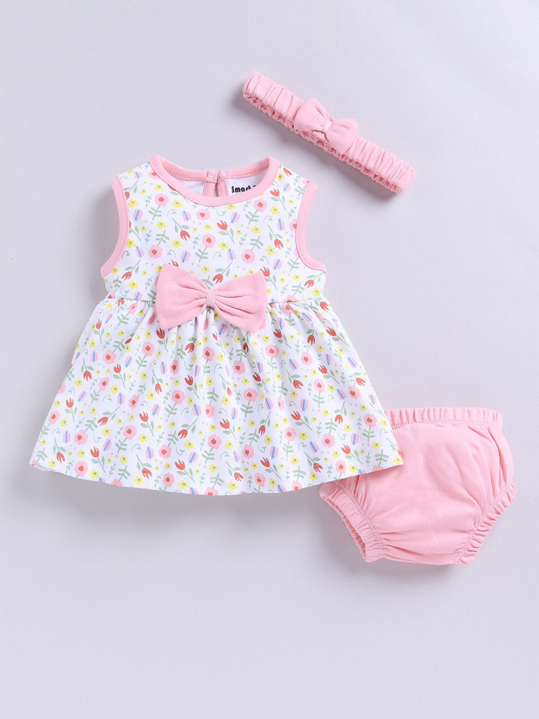 Smart Baby Girls Cotton Floral Self Design Fit and Flare Dress With Bow
