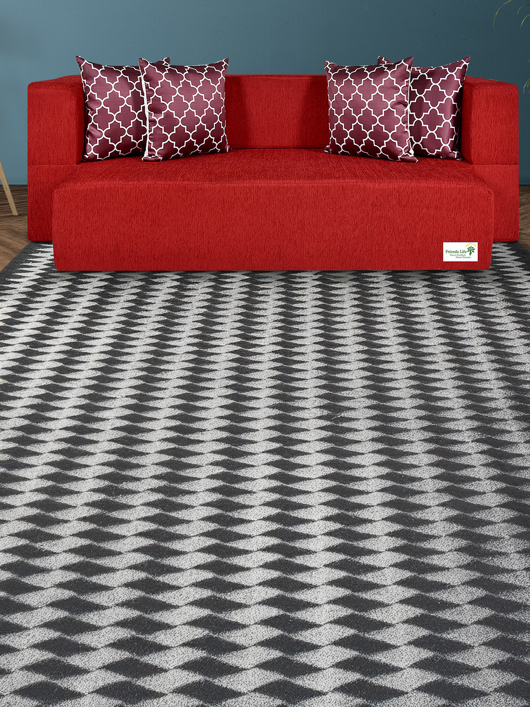 FRIENDS LIFE Red & Maroon 3 Seater Comfort Sofa Cum Bed With Pillows