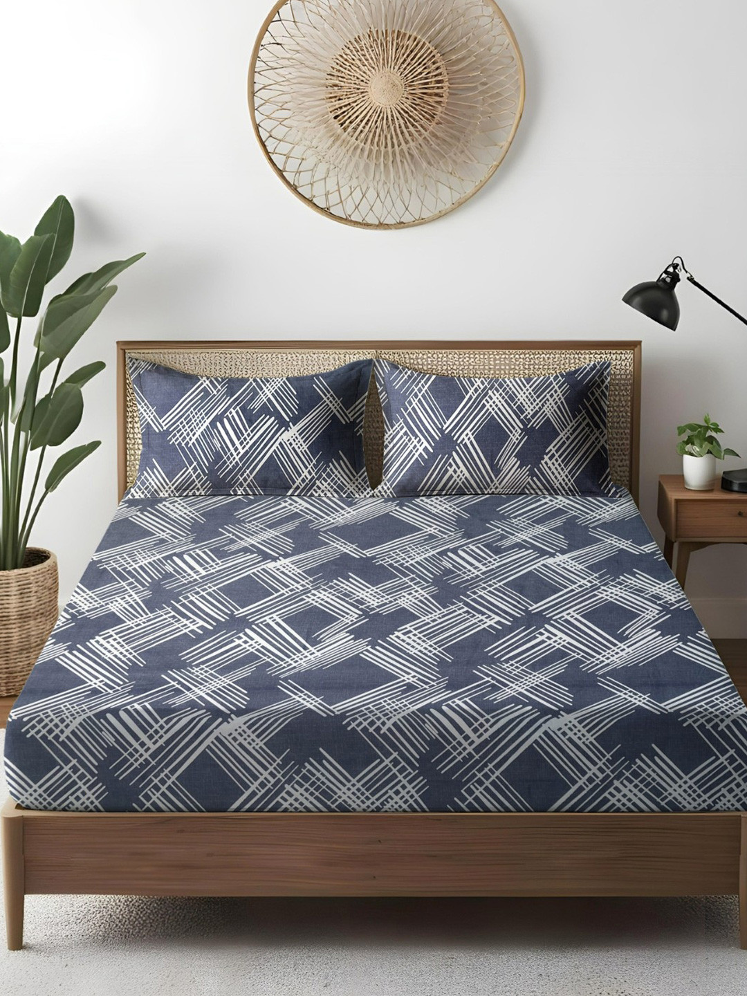 WEAVE AND DECOR Grey & White Printed Pure Cotton 300 TC King Bedsheet Set 1.83 m x 1.98 m