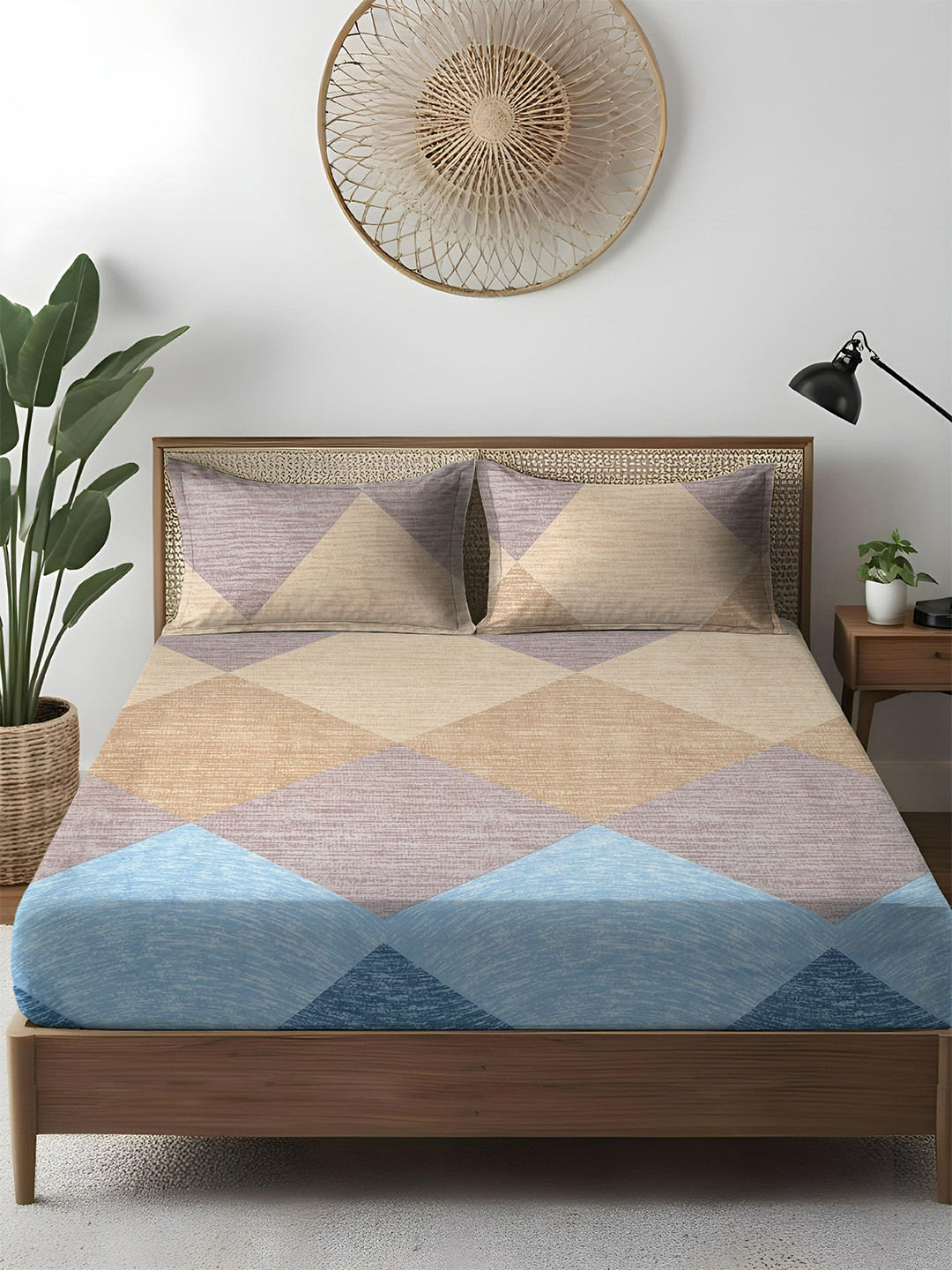 WEAVE AND DECOR Blue & Grey Printed Pure Cotton 300 TC Queen Bedsheet Set 1.82 x 1.82 m