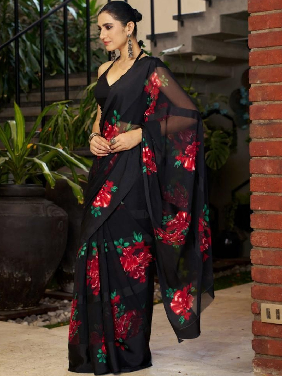 GHAN SALS Floral Poly Georgette Baluchari Saree
