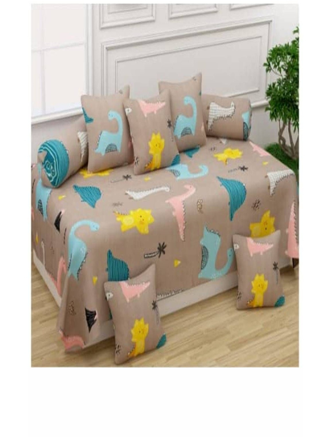 Filymore Set Of 8 Brown & Yellow Cartoon Characters Printed Diwan Set