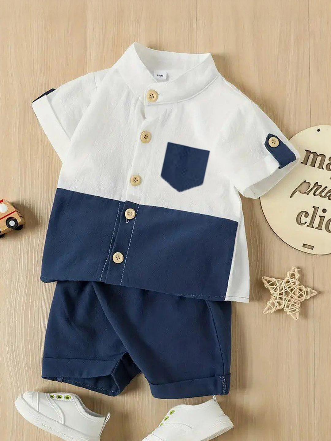 Greenland Ecostrwz Boys Colourblocked Pure Cotton Shirt With Shorts Clothing Set