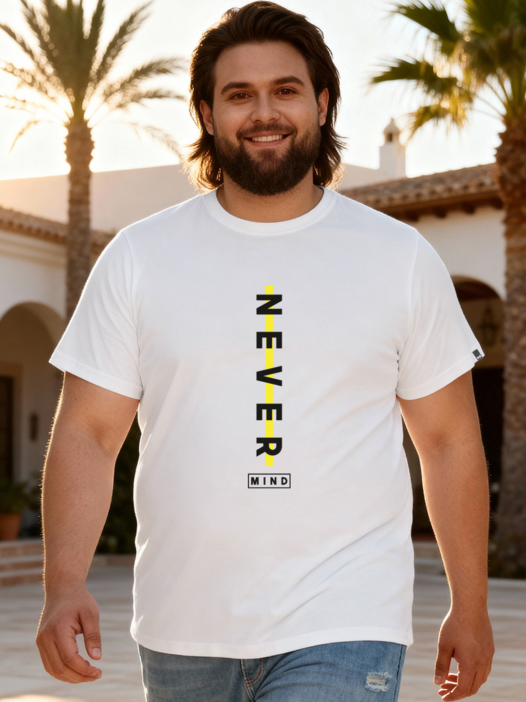 Bewakoof Plus Men White Typography Printed Cotton T-shirt