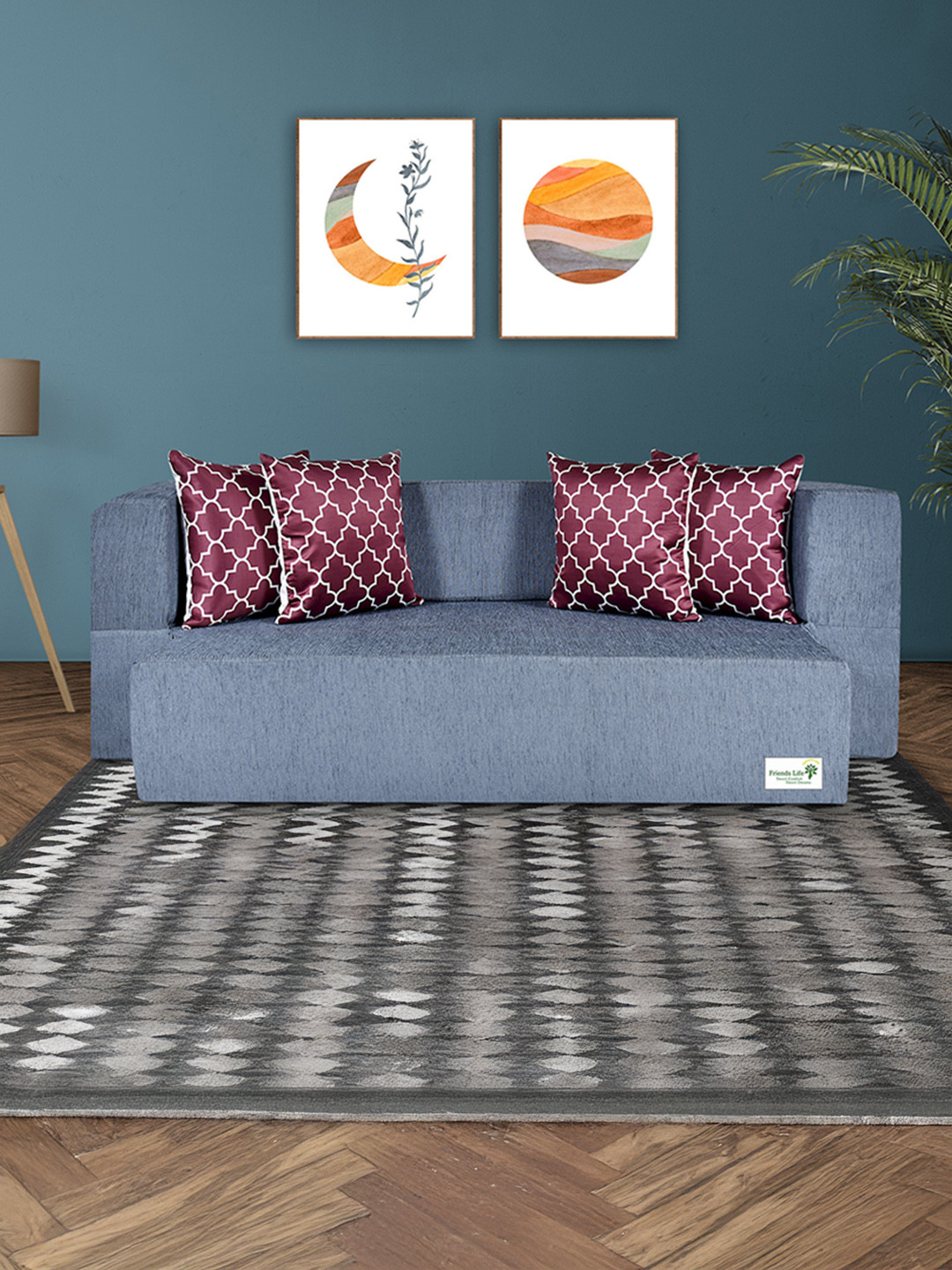 FRIENDS LIFE Grey & Maroon 3 Seater Comfort For All Sofa Cum Bed With 3 Pillows