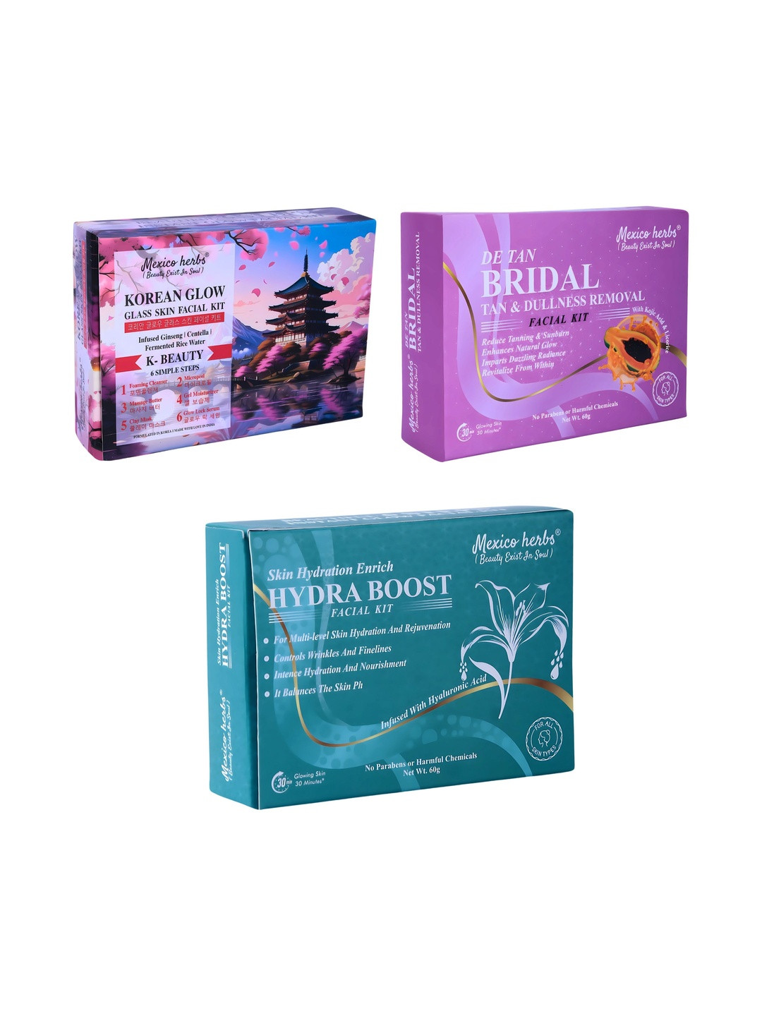 Mexico herbs Set Of 3 Korean Bridal & Hydra Boost Facial Kit For Anti Ageing - 60 g Each