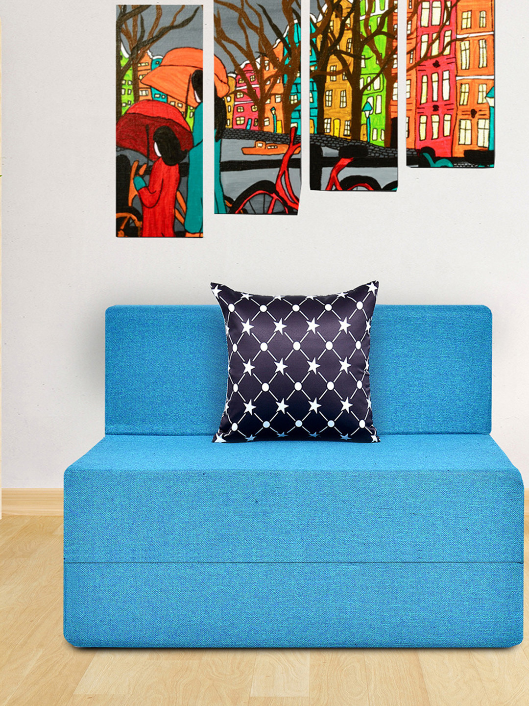 FRIENDS LIFE Blue & Black 1 Seater Fold Out Sofa Cum Bed With 1 Pillow