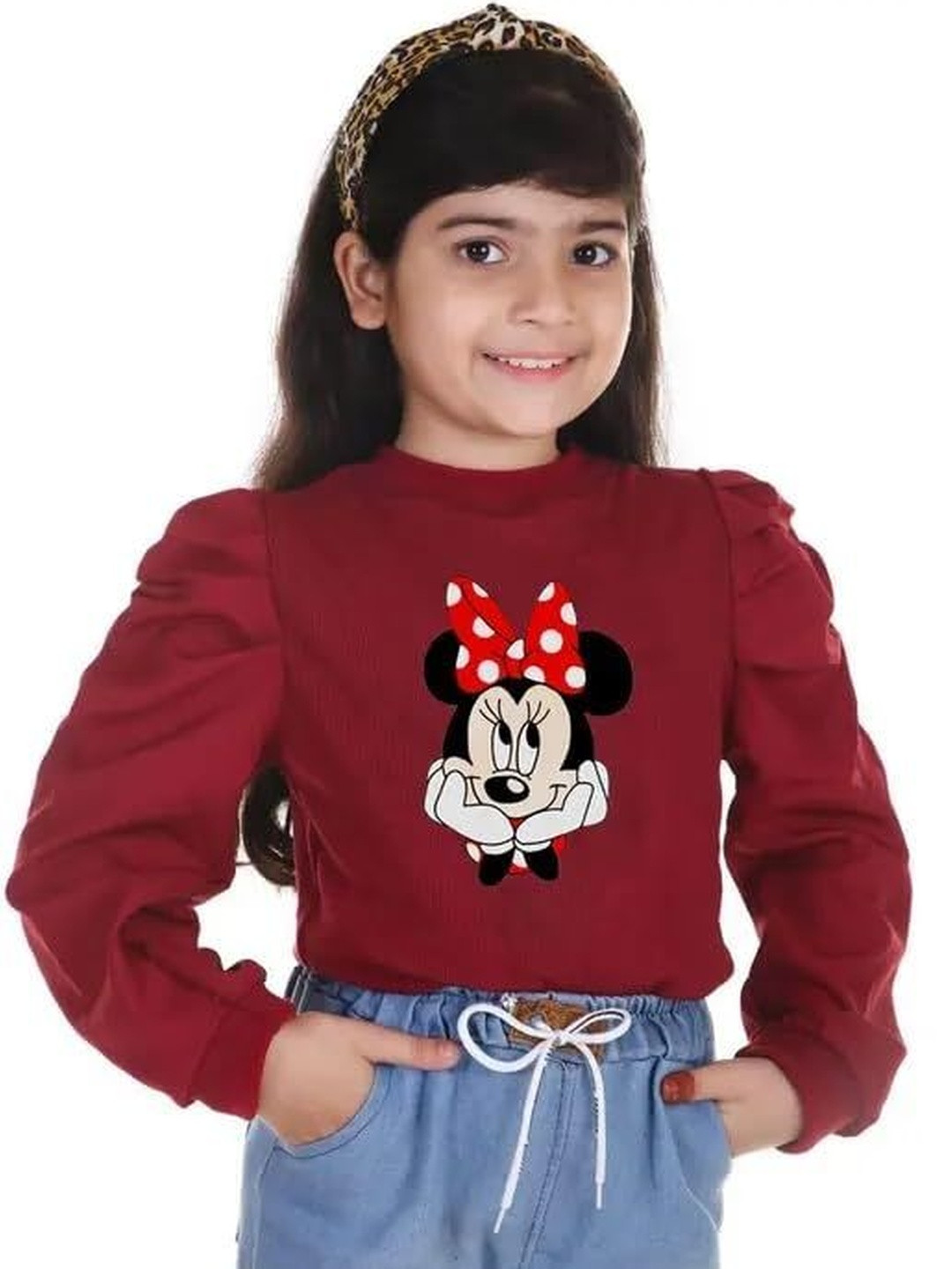 BHUMIHAR Girls Mickey Mouse Printed Puff Sleeve Crepe Top