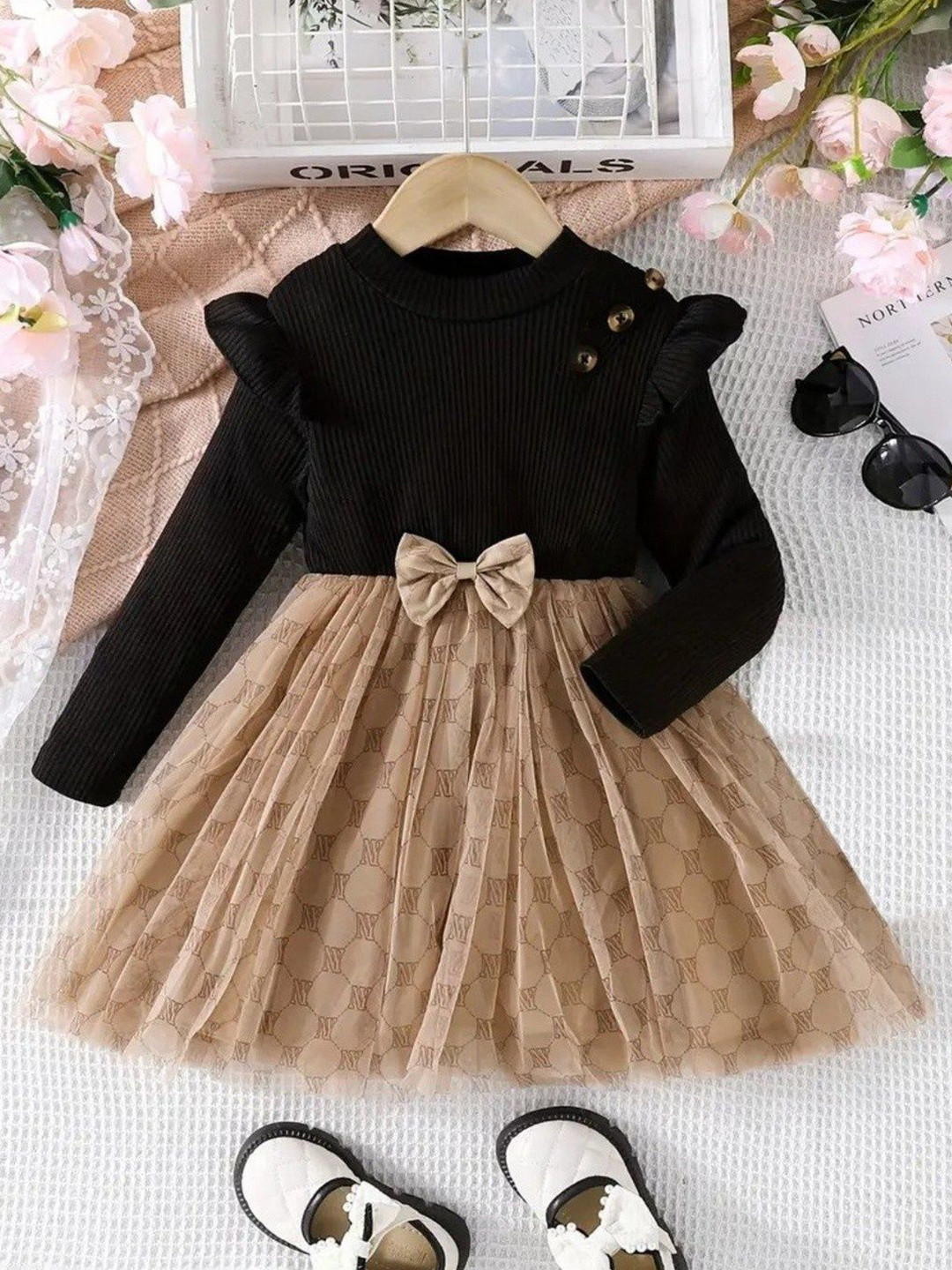 YK Girls Ribbed Cotton Fit and Flare Dress With Bow